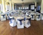 The ballroom set up and decorated for an event